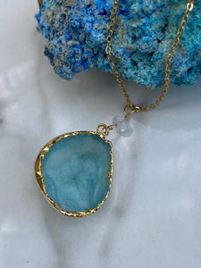 Blue druzy quartz pendant and gold filled necklace