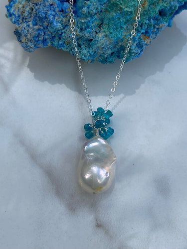 Silver chain and white baroque pearl and blue opal dangle necklace