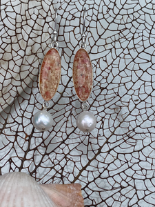 Bermuda pink sand long oval earrings with white pearls