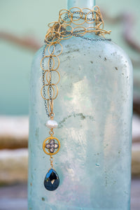 Gold & oxidized chains & crystal, gold and oxidized circle pendant necklace