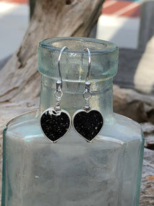 Silver Bermuda black sand heart earrings