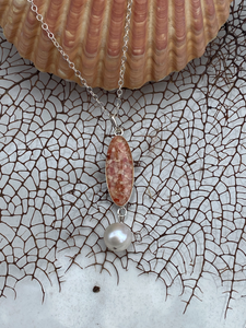 Bermuda pink sand large oval pendant with a white pearl dangle necklace