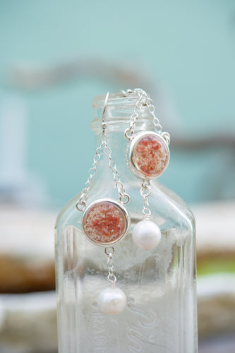 Bermuda pink sand round bezels, pearls and silver earrings