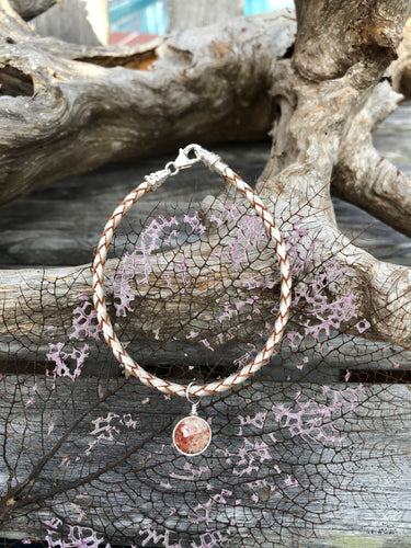Leather bracelet and Bermuda pink sand round charm