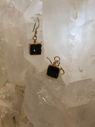 Gold square black sand earrings